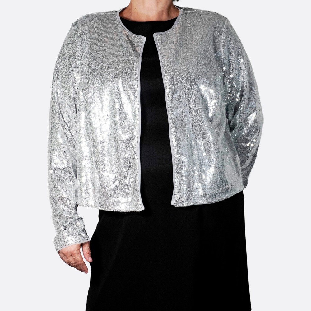 Isaac Mizrahi Sequin Cardigan Silver Plus 1X 2X Silver Metallic Shimmer Jacket